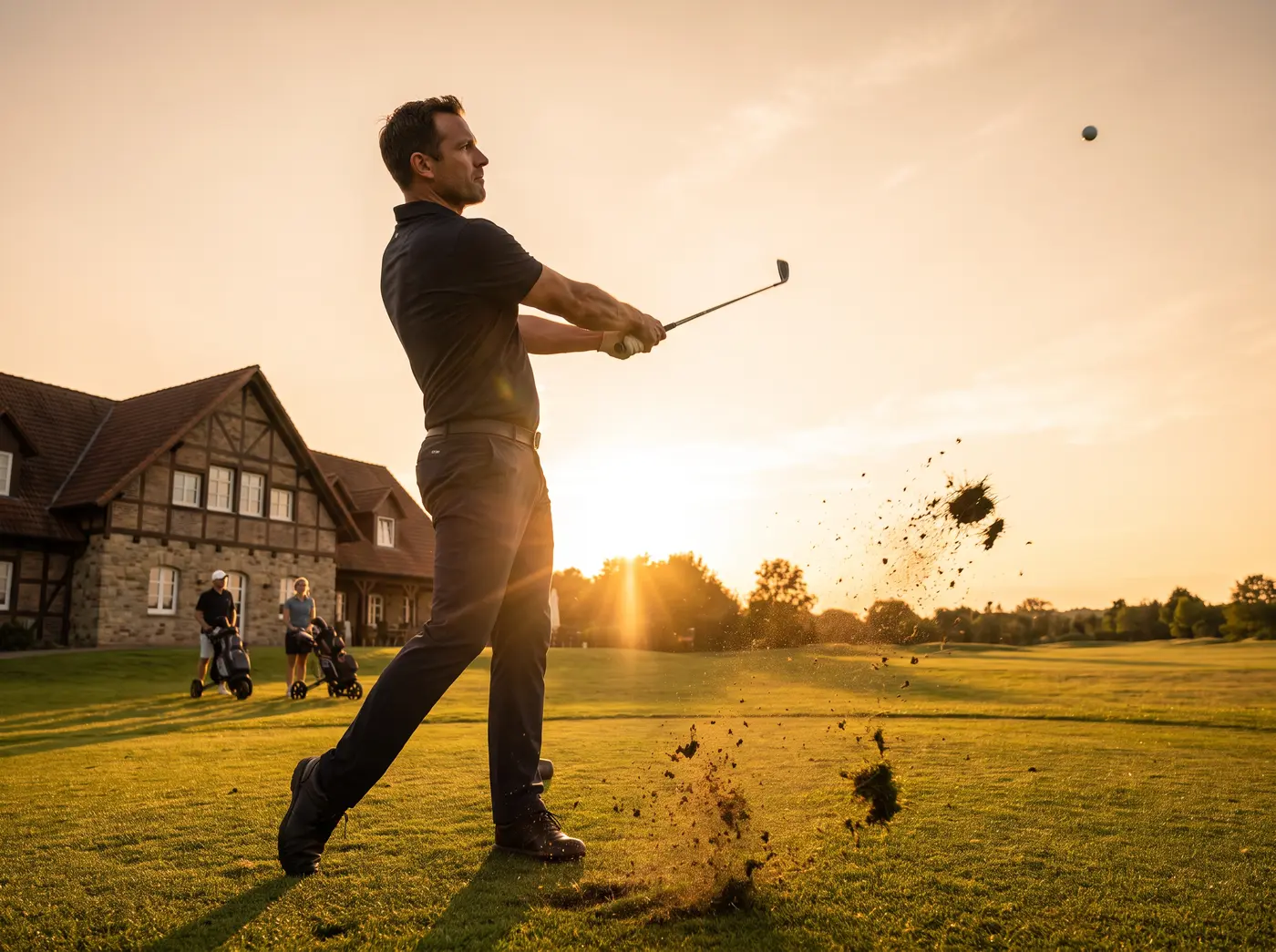 Golfer im Follow-through nach dem Abschlag, der Ball fliegt über das Fairway ins Abendlicht