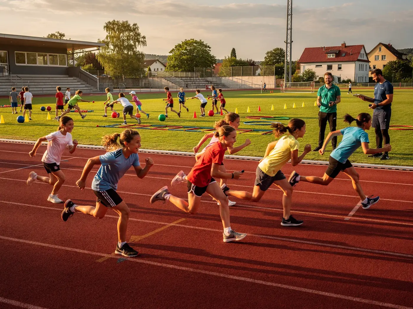 Sportfest eines Verbands: Kinder sprinten über die Tartanbahn, weitere Gruppen üben auf dem Rasen