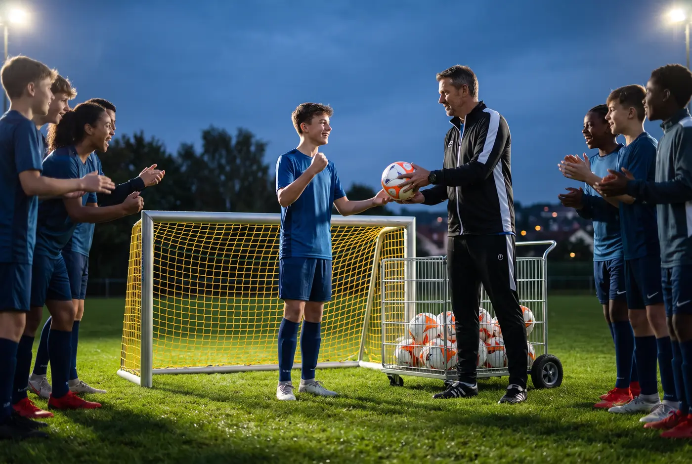 Trainer übergibt einem Jugendlichen einen neuen Ball, das Team klatscht, neues Tor und Ballwagen im Flutlicht