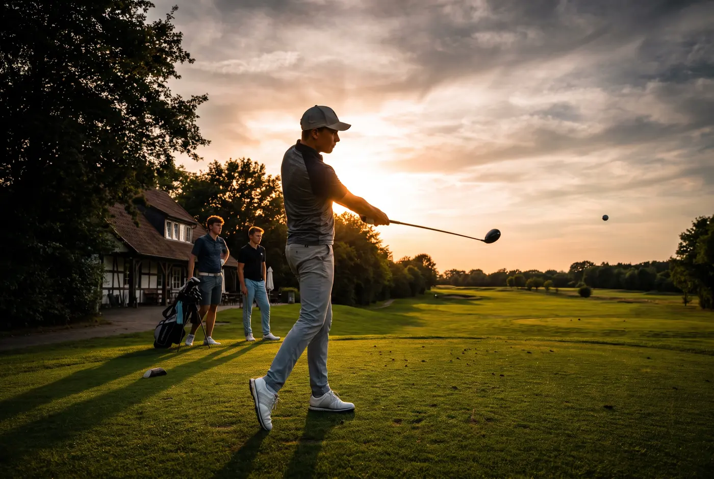 Golfer schlägt am Abschlag ab, Mitspieler schauen zu, Abendlicht über der Anlage