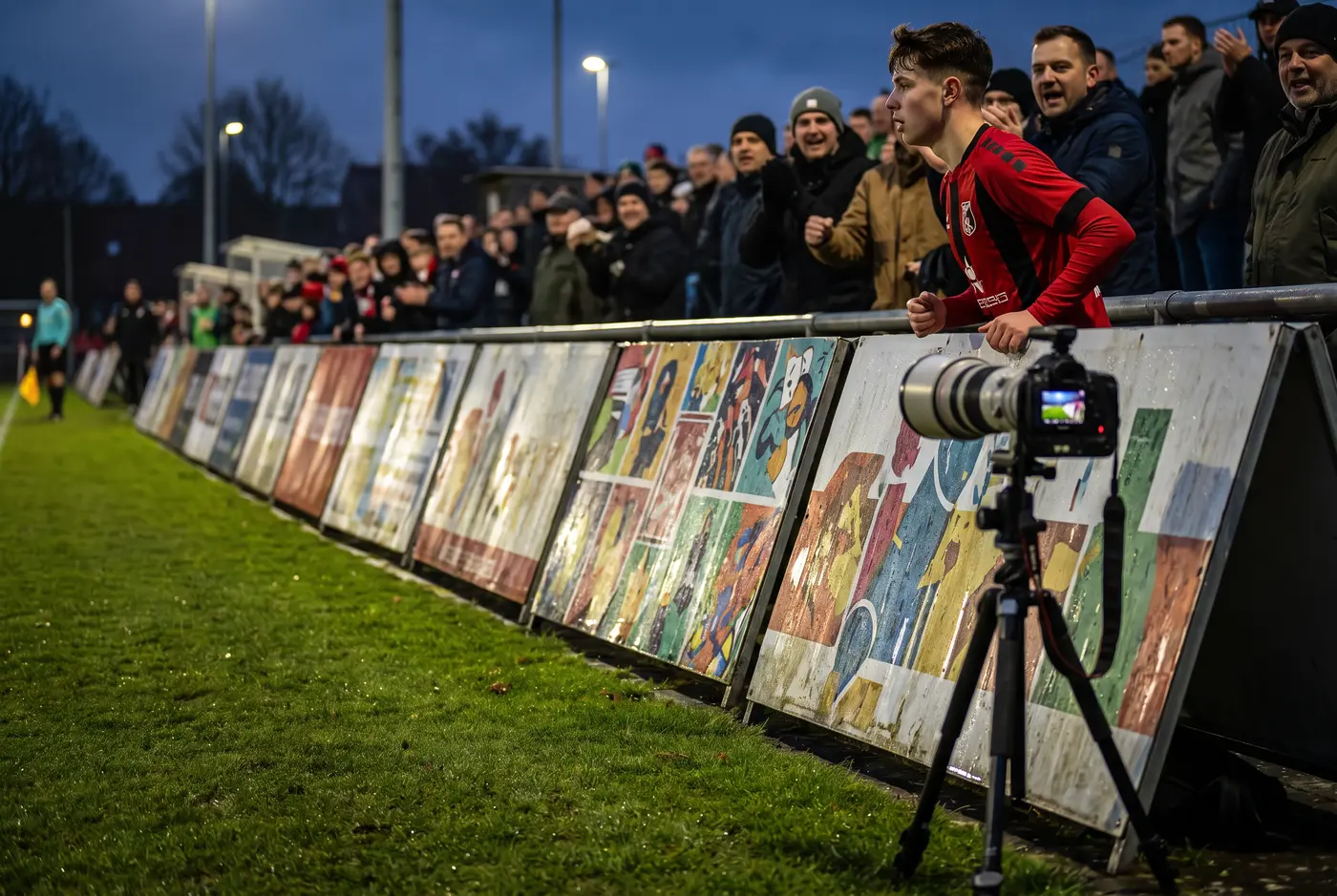 Werbebanden am Flutlichtplatz, dahinter Zuschauer und ein Spieler an der Seitenlinie